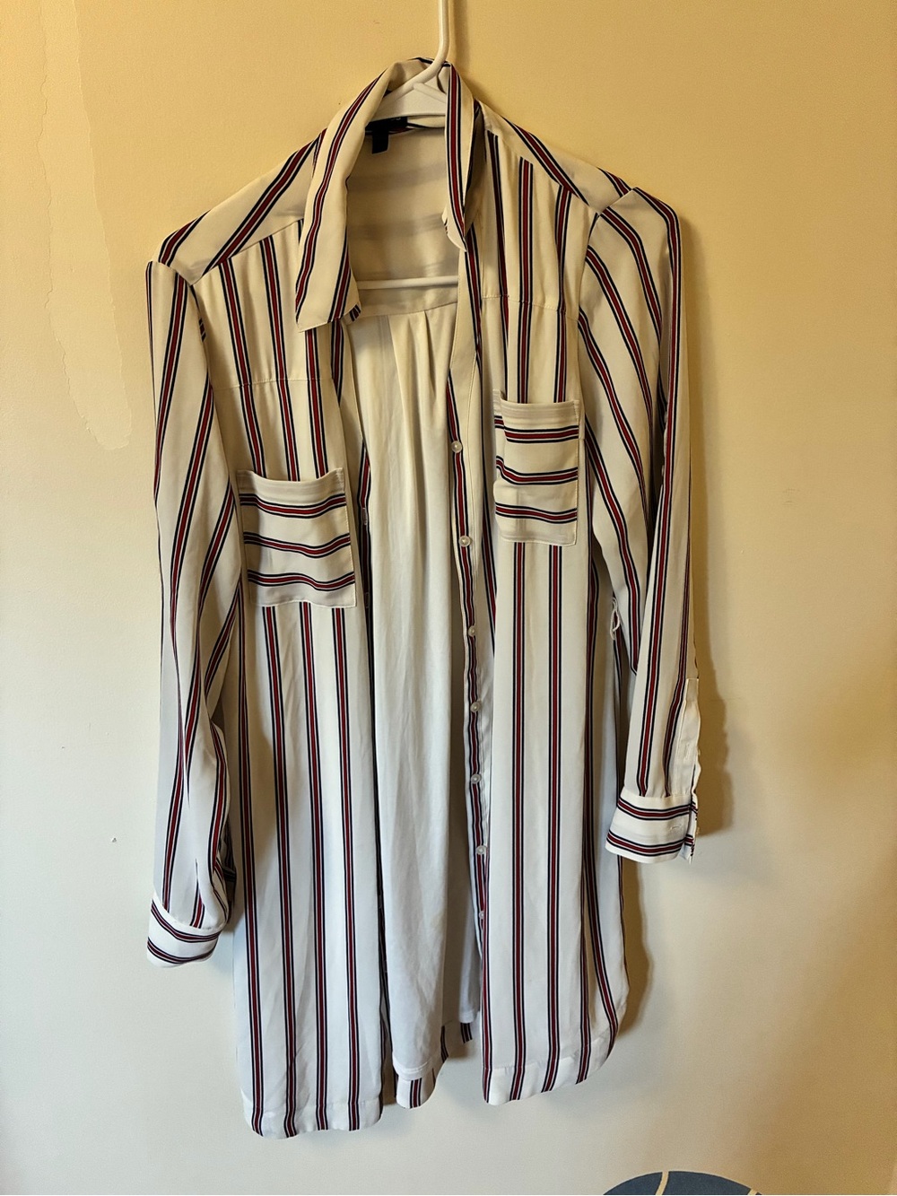 Express Longline Shirt Dress in Ivory with Burgundy and Black Stripes